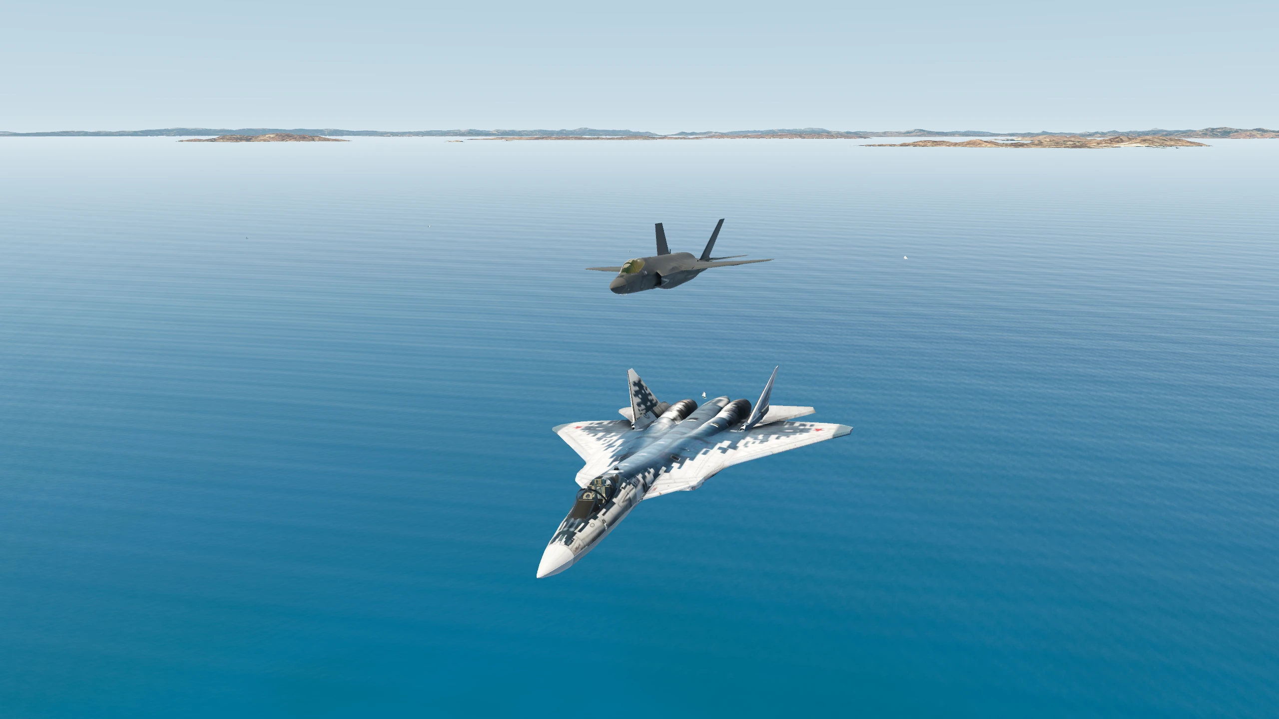 F-35 and Su-57 flying over the Aegean coast with landing gear retracted