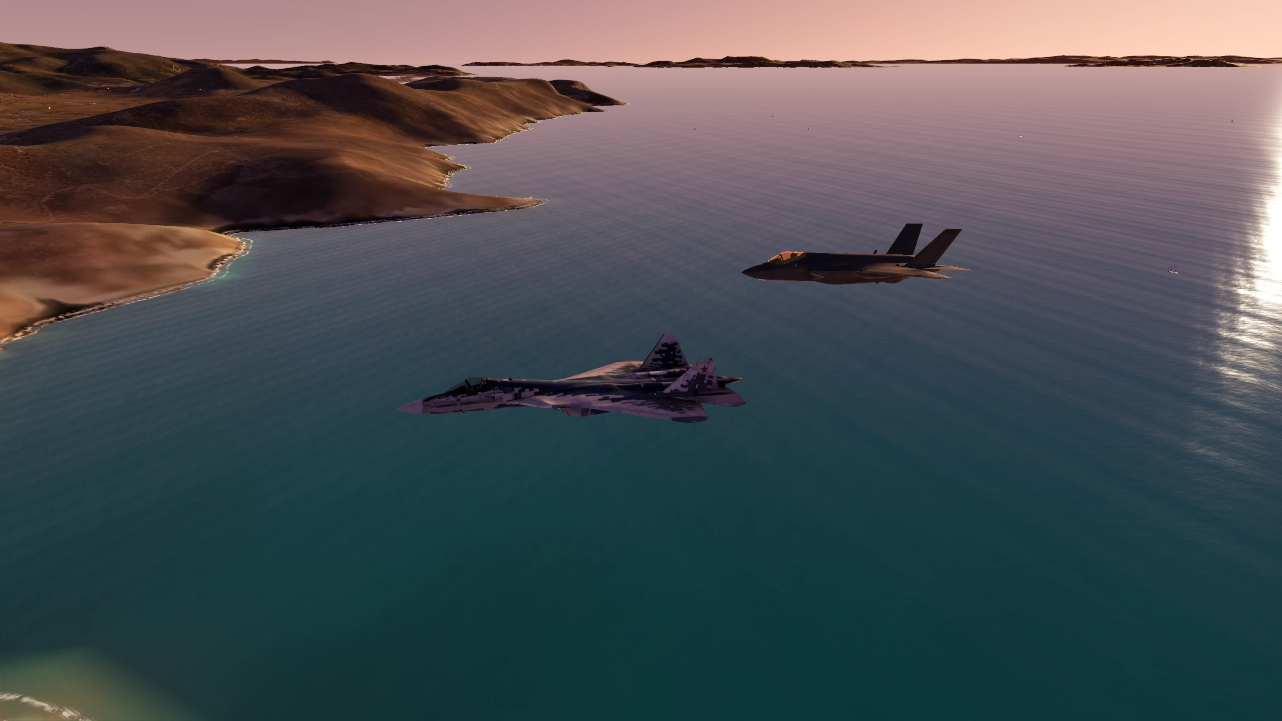 Fighters at sunset above the rocky Paros coastline